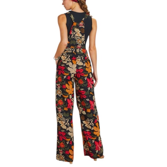 Los Banditos Floral Print Boho Disco Wide Leg Jumpsuit Overalls Romper - Picture 2 of 12